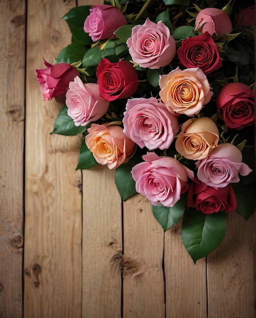 Foto bloemen kaart rozen op houten achtergrond