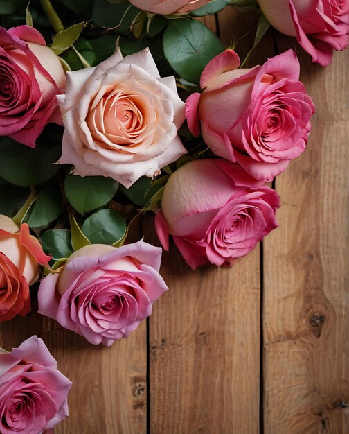 Foto bloemen kaart rozen op houten achtergrond