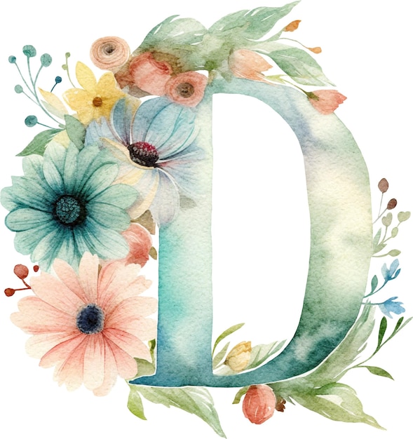 Bloemen letter D versierd met bloemen aquarel geïsoleerd op wit