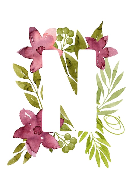 Bloemen letter n monogram roze aquarel bloemen groene bladeren en bessen bloemen belettering
