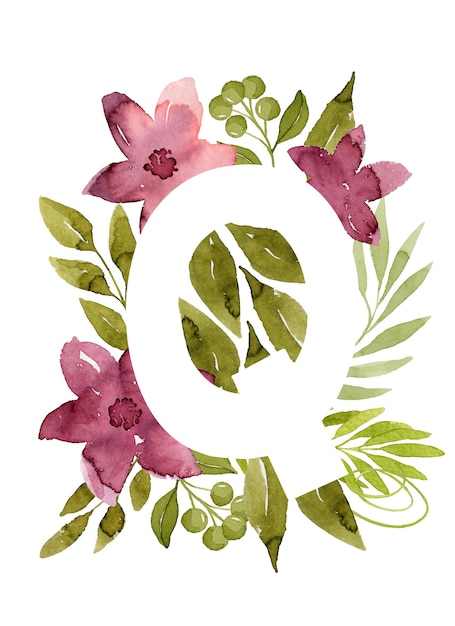 Bloemen letter Q monogram roze aquarel bloemen groene bladeren en bessen bloemen belettering