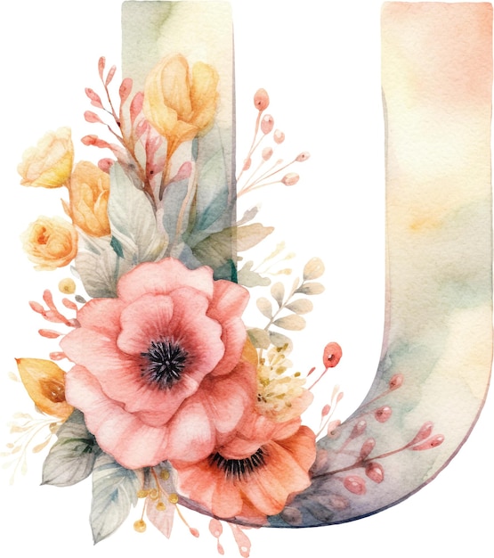 Bloemen letter U versierd met bloemen aquarel geïsoleerd op wit