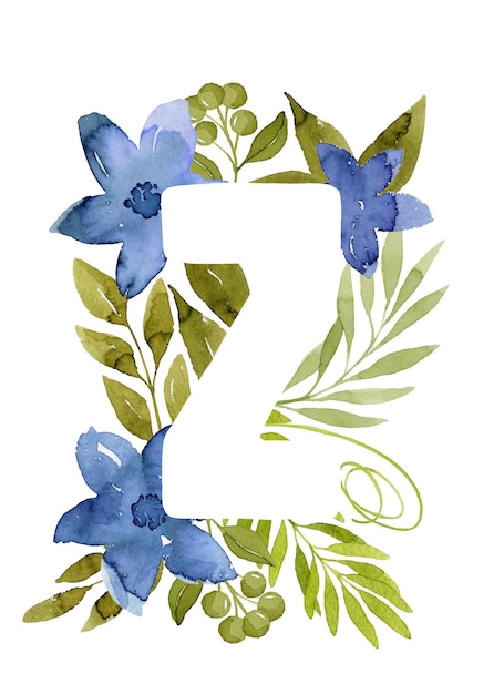 Bloemen letter Z monogram blauwe aquarel bloemen groene bladeren en bessen bloemen belettering