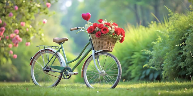 Bloemen mand fiets tegen een weelderige groene achtergrond