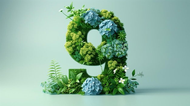 Foto bloemen nummer negen ontwerp op groene achtergrond