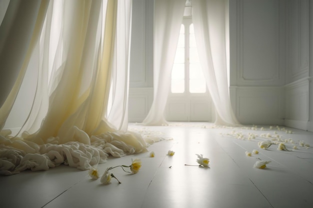 bloemen op de vloer in een trouwkamer in de stijl van lichte witte en groene vloeiende gordijnen