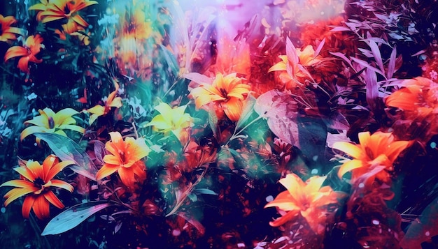 Bloemen op een holografische glitch achtergrond Gebied van kleurrijke wilde bloemen weide glitch effect achtergrond Abstracte florale achtergrond van roze bloemen over pastelkleuren