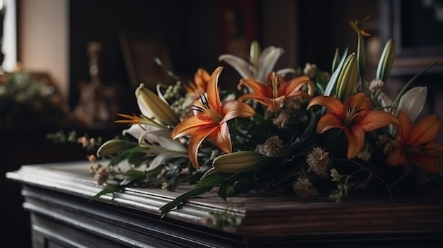 Bloemen op een kist in de uitvaartdienst Generatieve Ai