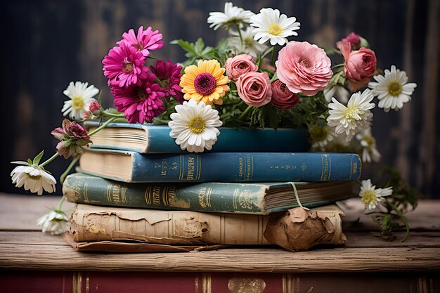 Foto bloemen op een oud boek.