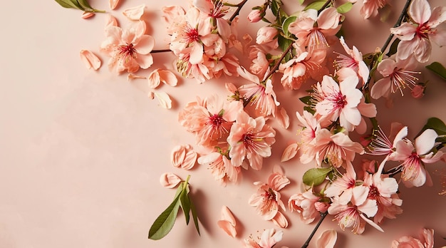 Bloemen op een perzik achtergrond voorjaars bloemen vlakke achtergrond