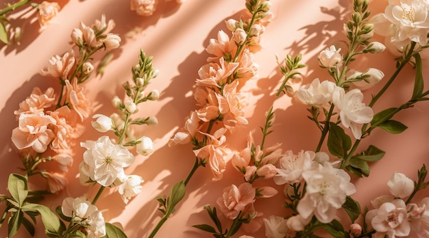 Bloemen op een perzik achtergrond voorjaars bloemen vlakke achtergrond