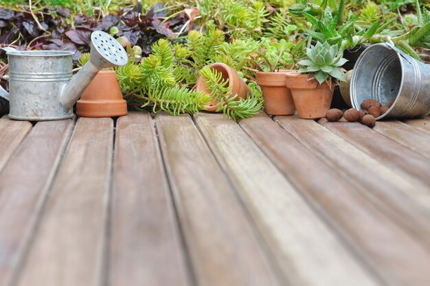 bloemen op terras met gieter