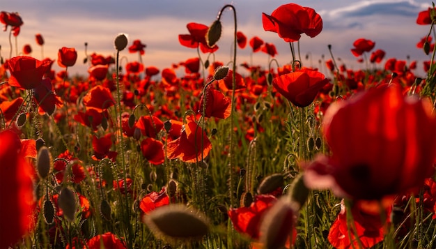 Bloemen Rode klaprozen bloeien op wild veld Anzac Day herdenkings klaprozen Veld van rode papaver bloemen ter ere van gevallen veteranen soldaten in de strijd om Anzac dag Wilde bloemen bloeiend papaver veld landschap