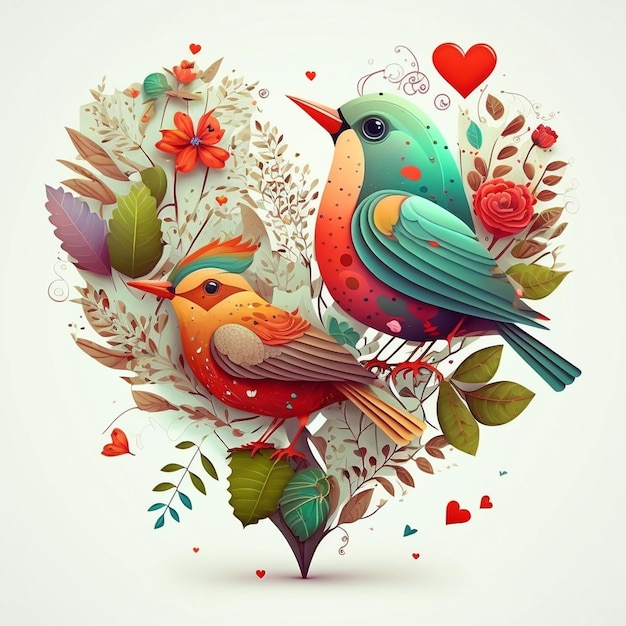 Bloemen romantisch hart vogels en bloemen Valentijnsdag liefde illustratie op witte achtergrond