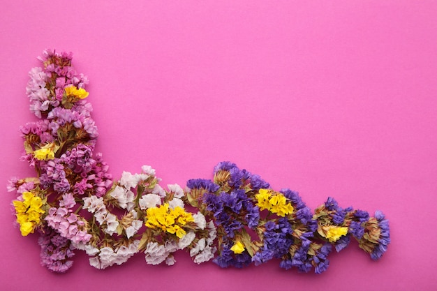 Bloemen samenstelling. Gypsophila bloemen op pastel roze achtergrond. Plat leggen, bovenaanzicht, kopie ruimte. Voorjaar