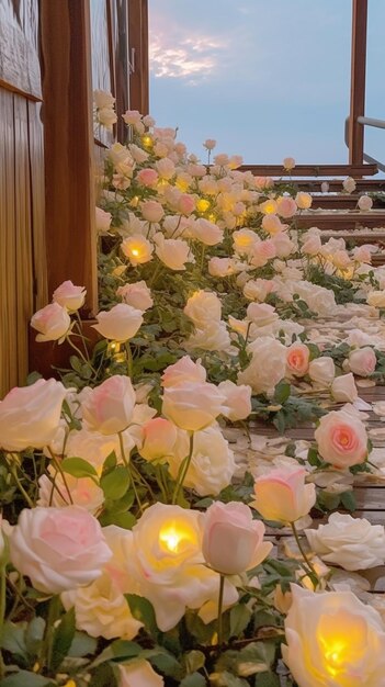 Bloemen staan in een rij langs een loopbrug met lichten op generatieve ai