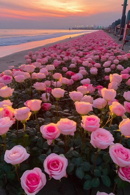 bloemen staan in een veld op het strand bij zonsondergang generatieve ai