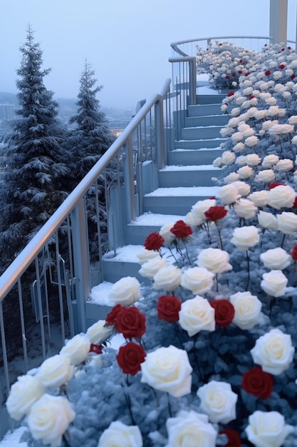 bloemen staan langs een reling opgesteld op een besneeuwde dag generatieve ai