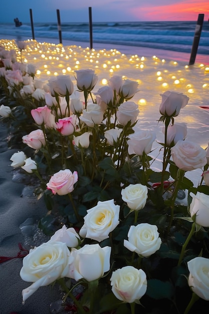 bloemen staan opgesteld langs het strand met lichten op de achtergrond generatieve ai