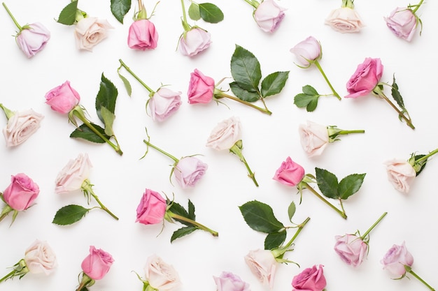 Bloemen valentijn dag samenstelling. Frame gemaakt van roze roos op grijze achtergrond. Plat leggen, bovenaanzicht, kopie ruimte.