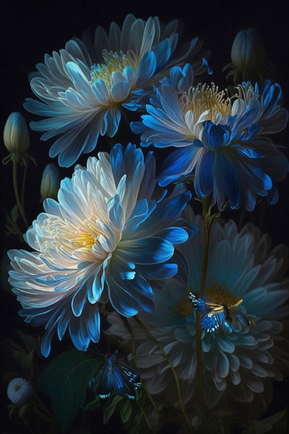Bloemen van blauw en wit in een vaas met zwarte achtergrond generatieve ai