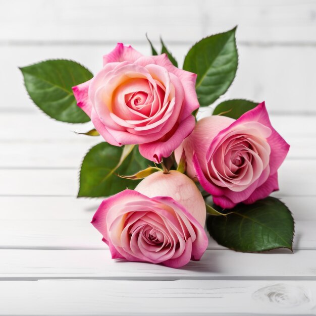 Bloemen van roze rozen op een witte houten achtergrond Gelukkige Valentijnsdag met een romantische kaartje