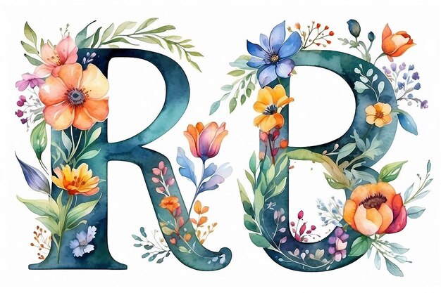 Foto bloemen versierde alfabet r in waterverf stijl op witte achtergrond generatieve ai