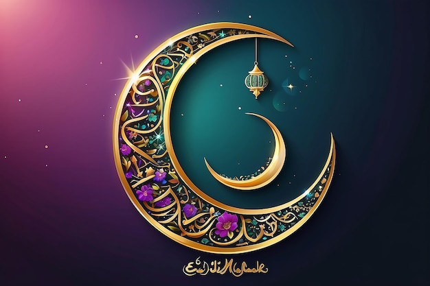 Bloemen versierde glanzende halve maan met Arabische islamitische kalligrafie tekst Eid Mubarak op g