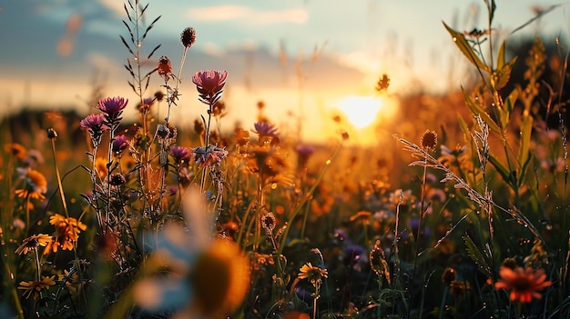 Foto bloemen weiden veld groene planten zonsondergang natuur en landschap reizen seizoen zomer stijl vintage
