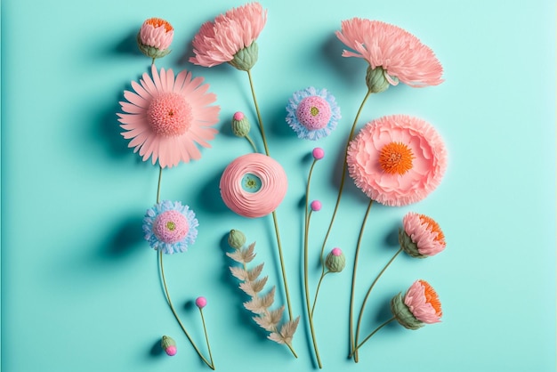 Bloemen zijn gerangschikt op een blauwe achtergrond met roze generatieve ai