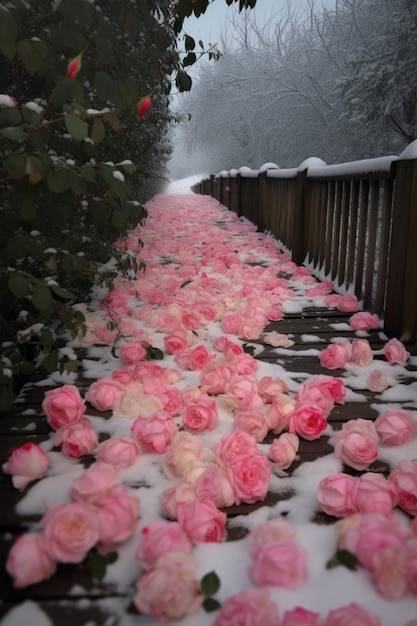 bloemen zijn verspreid over de grond in de sneeuw op een brug generatieve ai