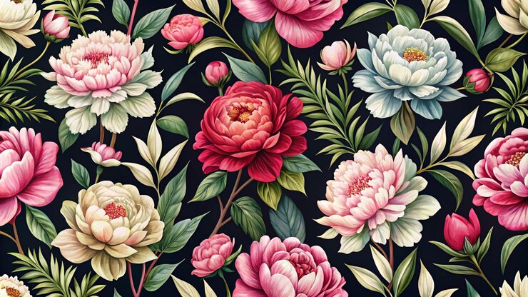 Foto bloemen zomer naadloos patroon tuinbloemen pioenen en bladeren op zwarte achtergrond natuur illustratie sjabloon voor stoffen textiel papier behang interieur decoratie