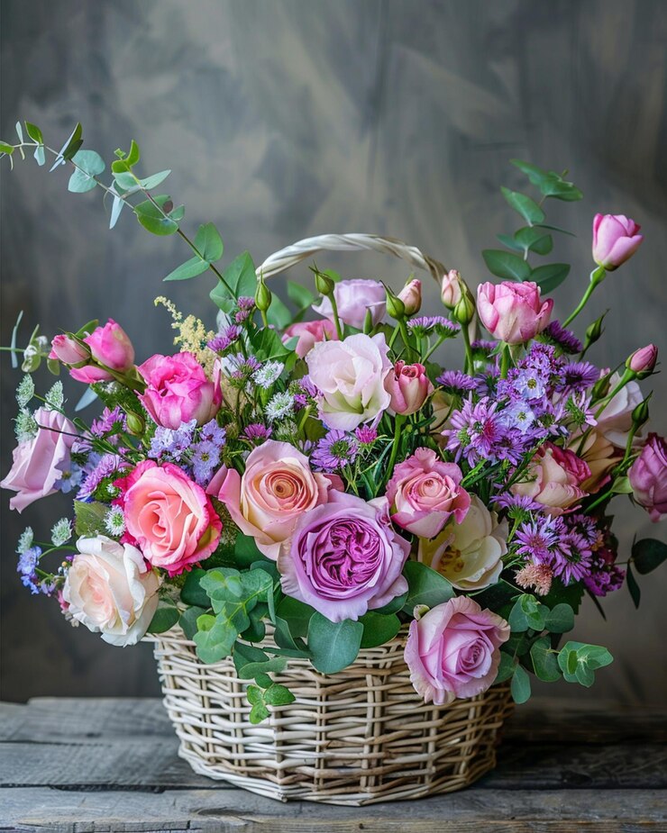 Bloemenarrangement mandje romantisch