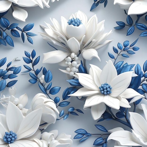 Bloemenbehang witte muur blauw