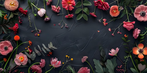 Bloemencompositie Frame gemaakt van prachtige bloemen op zwarte achtergrond Ai Gegenereerd