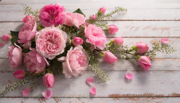 Foto bloemencompositie voor valentijnsdag, moederdag of vrouwendag roze bloemen op oud wit hout