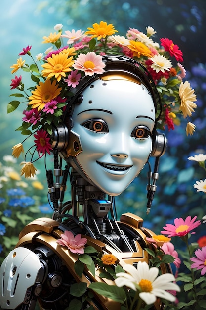 Bloemende omhelzing vangt de vreugdevolle glimlach van een botanische robot Ai Generative