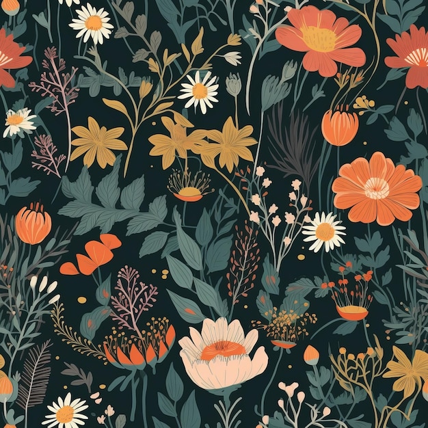 Bloemenprint met botanische bloemen als naadloos patroon voor textielontwerp of achtergrond AI-generatie