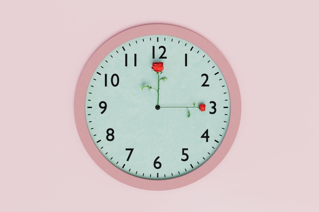 Bloemenprint op het horloge ronde wandklok op pastelachtergrond met handen in de vorm van rode rozen