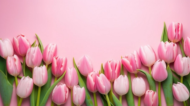 Bloemenrand van tulp en roze bloemen op roze achtergrond