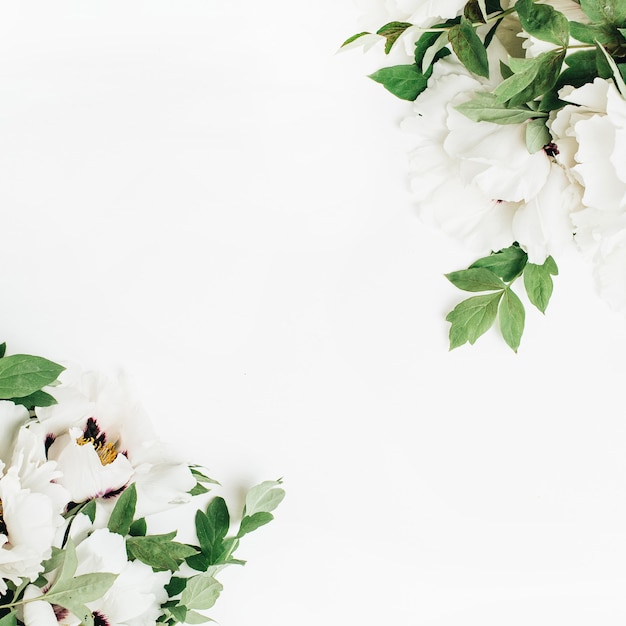 Bloemensamenstelling van witte pioenbloemen op wit oppervlak