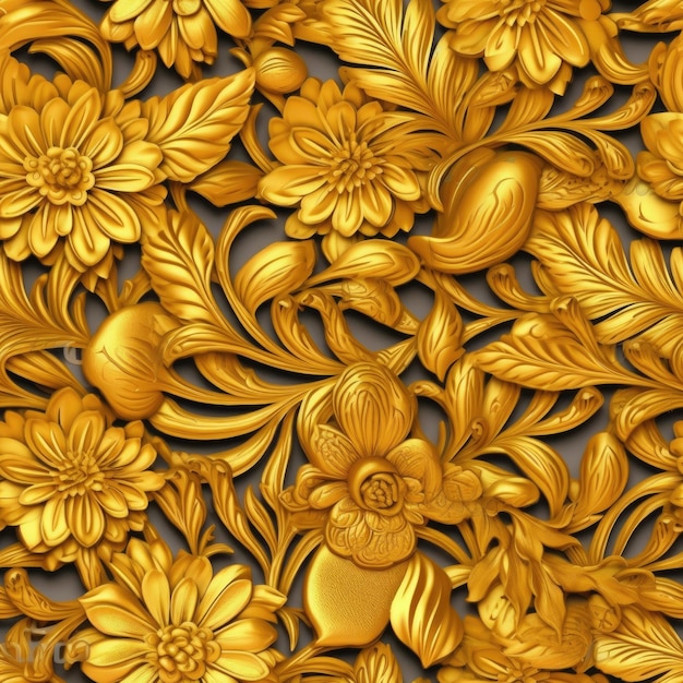 Bloementextuur goud met wervelend bladgoud elementen naadloos patroon AI gegenereerd