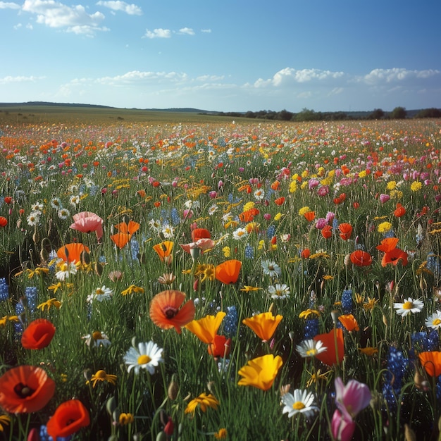 Bloemenveld met papaver, madeliefjes en andere wilde bloemen