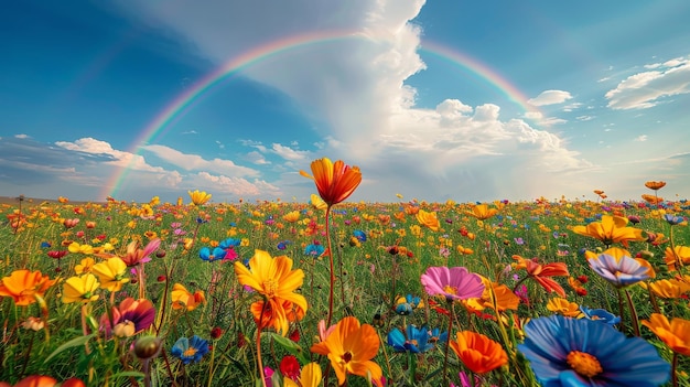 Bloemenveld met regenboog op de achtergrond
