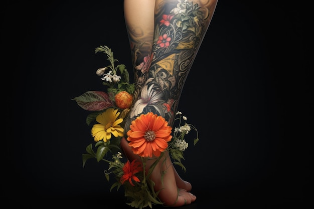 Bloemenversieringen omarmen het verleidelijke been van een vrouw