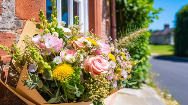 Foto bloemenwinkel bezorging en vakantie geschenk postdienst prachtig boeket bloemen op de stoep van een huis op het platteland generatieve ai