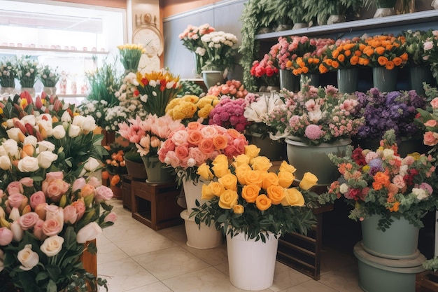 Bloemenwinkel met een verscheidenheid aan verse en kleurrijke bloemen, waaronder rozen en tulpen