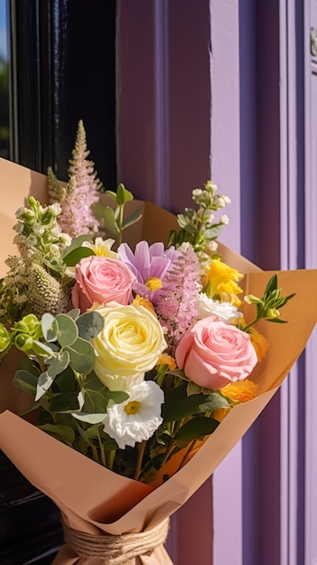 Bloemenwinkelbezorging en vakantiegeschenk postdienst mooi boeket bloemen voor de deur van een huis op het platteland generatieve ai