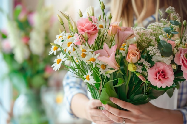 Bloemhandelaar houdt een boeket met verse voorjaarsbloemen Generatieve AI