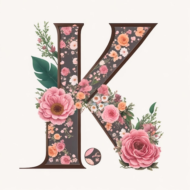 Foto bloemige alfabet letter k met waterverf bloemen en blad monogram initialen perfect voor bruiloft